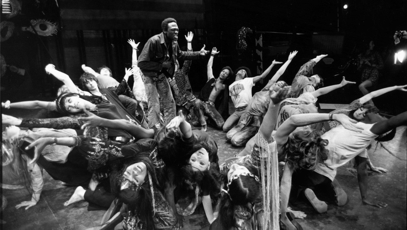 Actors rehearse a dance scene for the 1968 London production of the musical Hair.